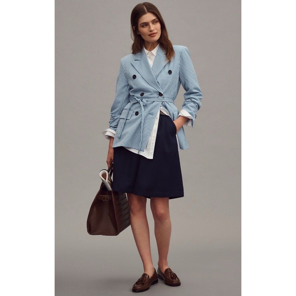 Anthropologie Avec Les Filles Belted Blazer Blue Double Breast Preppy Sz XS NWT